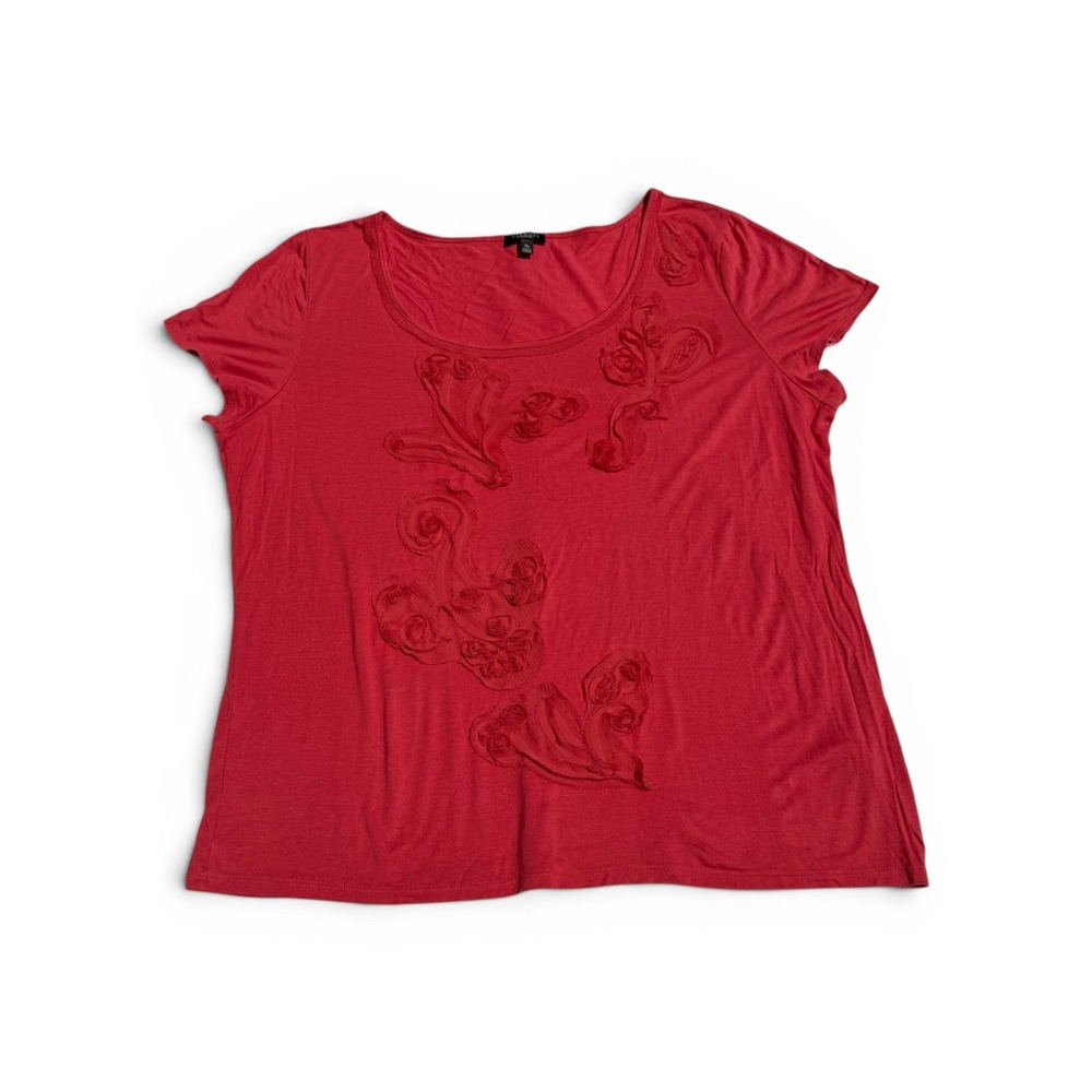 Talbots Womens XL Coral Red Floral Applique Tee Short Sleeve Botanical Top